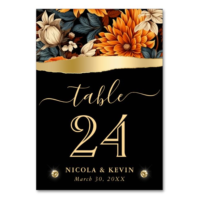 Vattenfärgad Orange Brun Höst löv Bröllop Bordsnummer (Framsidan)