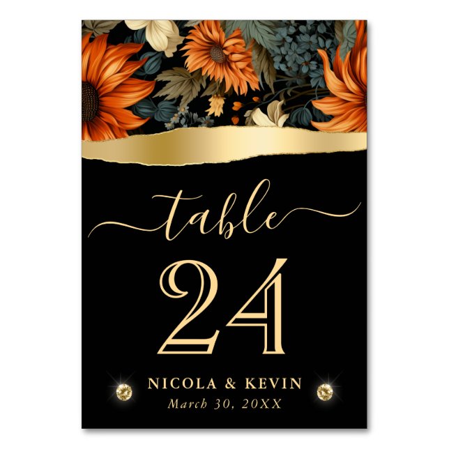 Vattenfärgad Orange Brun Höst löv Bröllop Bordsnummer (Framsidan)