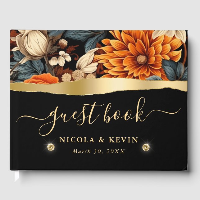 Vattenfärgad Orange Brun Höst löv Bröllop Gästböcker (Framsida)