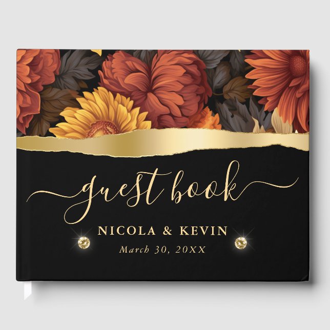 Vattenfärgad Orange Brun Höst löv Bröllop Gästböcker (Framsida)