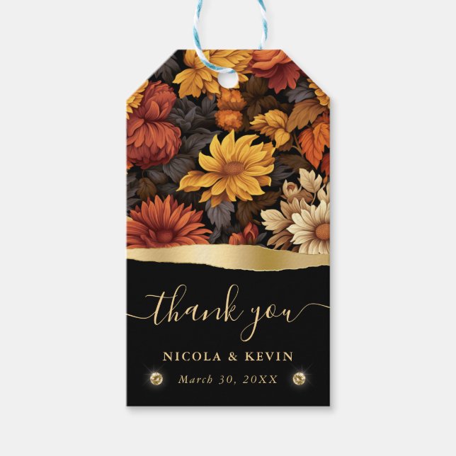 Vattenfärgad Orange Brun Höst löv Bröllop Presentetikett (Framsidan)