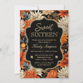 Vattenfärgad Orange Brun Höst löv Sweet sixteen Inbjudningar