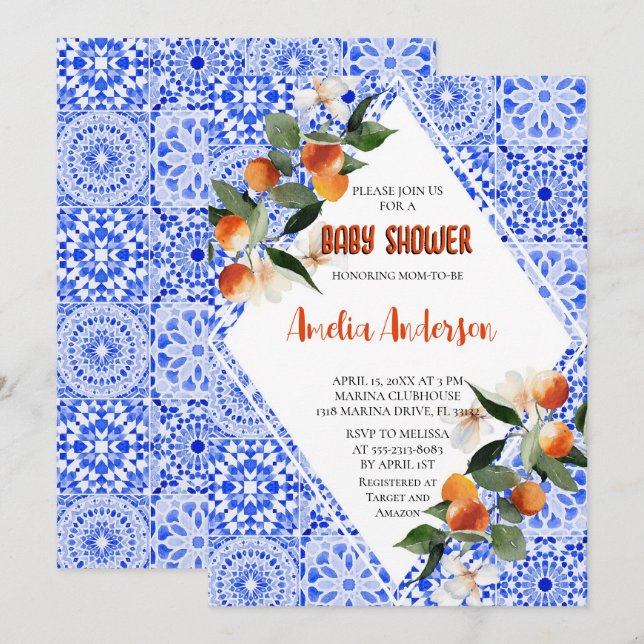Vattenfärgad Orange Citrus Mediterranean Baby Show Inbjudningar (Fram/baksida)