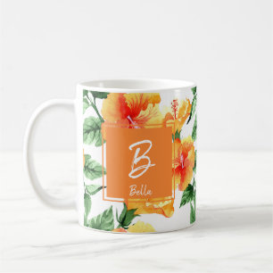 Vattenfärgad Orange Flower Frimärke Monogram Girl Kaffemugg