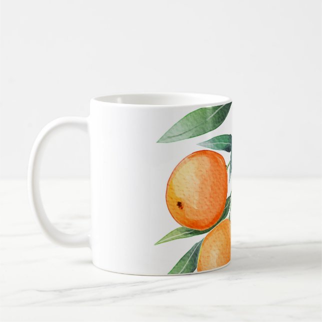 Vattenfärgad Orange Frukt: Grenar isolerad. Kaffemugg (Vänster)