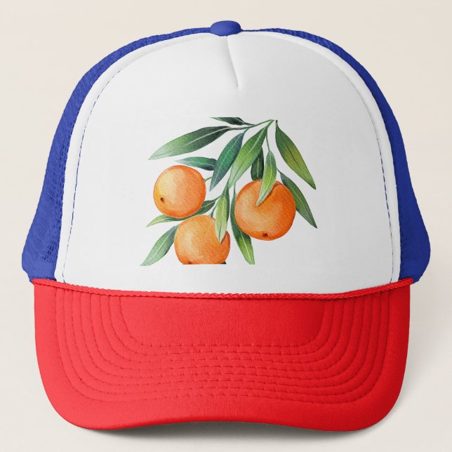 Vattenfärgad Orange Frukt: Grenar isolerad. Keps (Framsida)