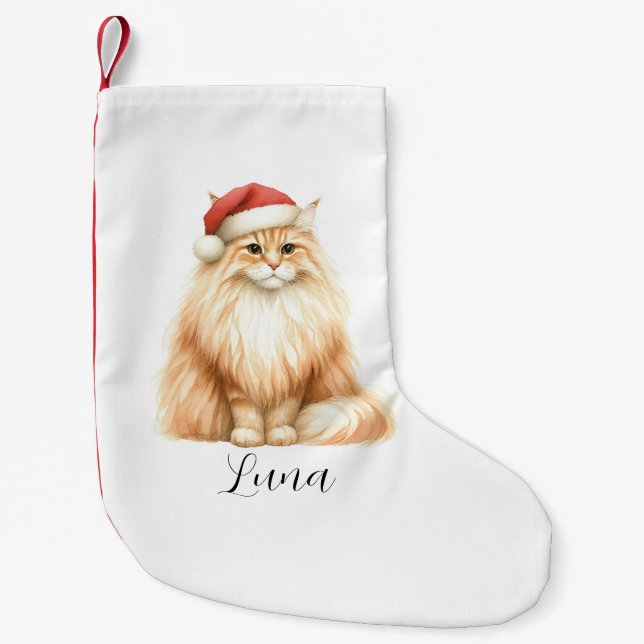 Vattenfärgad Orange Katt i Santa Hat Stocking Liten Julstrumpa (Framsidan)
