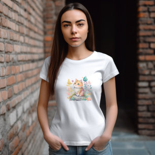 Vattenfärgad Orange Katt med blommor T Shirt