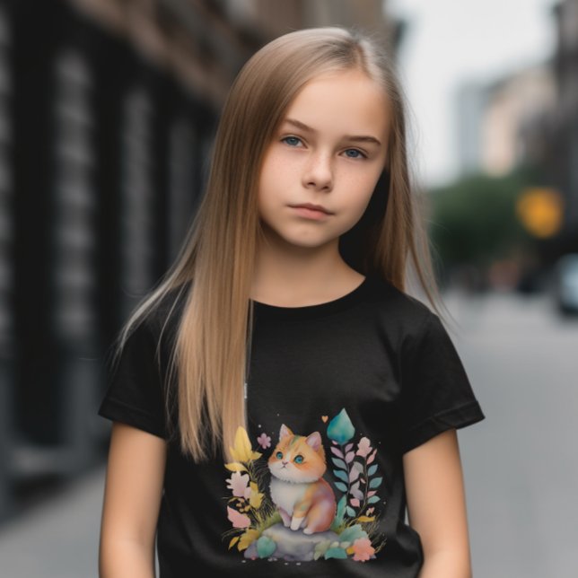 Vattenfärgad Orange Katt med blommor T Shirt (Skapare uppladdad)