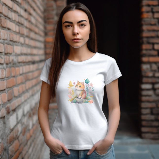 Vattenfärgad Orange Katt med blommor T Shirt (Skapare uppladdad)