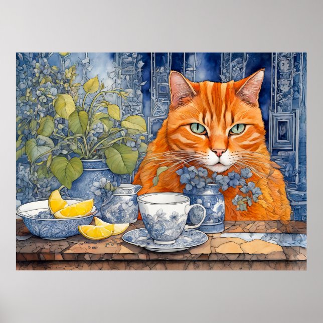 Vattenfärgad Orange Katt med Lemon Tea Poster (Framsidan)