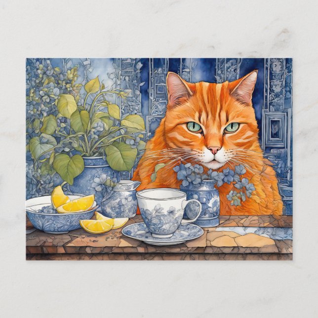 Vattenfärgad Orange Katt med Lemon Tea Vykort (Framsida)