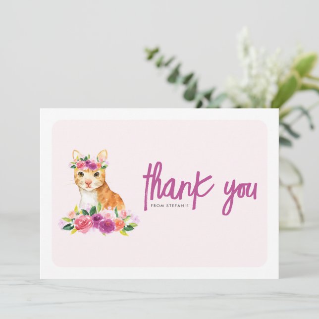 Vattenfärgad Orange Katt och Lila Blommigt födelse Tack Kort (Stående Fram)