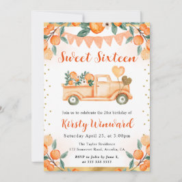 Vattenfärgad Orange Lastbil och Blommor Sweet sixt Inbjudningar