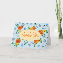 Vattenfärgad Orange Marigold Flowers Light Blue Tack Kort