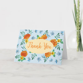Vattenfärgad Orange Marigold Flowers Light Blue Tack Kort