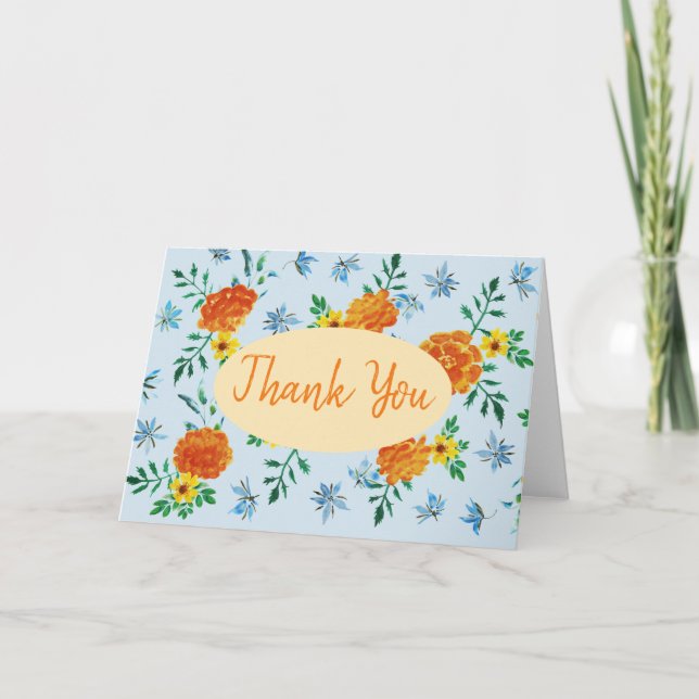 Vattenfärgad Orange Marigold Flowers Light Blue Tack Kort (Framsida)