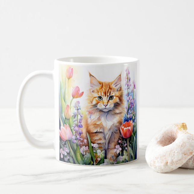 Vattenfärgad Orange Tabby Kattunge i Blomsterträdg Kaffemugg (Med munk)