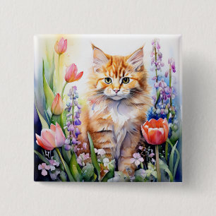 Vattenfärgad Orange Tabby Kattunge i Blomsterträdg Knapp