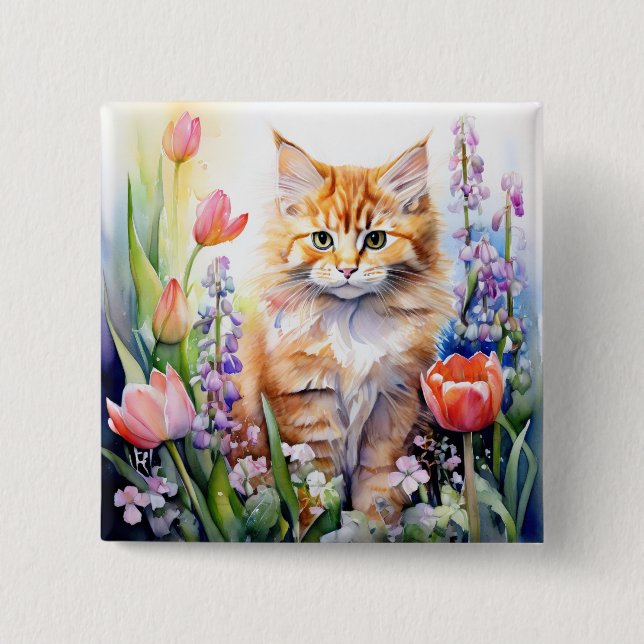 Vattenfärgad Orange Tabby Kattunge i Blomsterträdg Knapp (Framsida)
