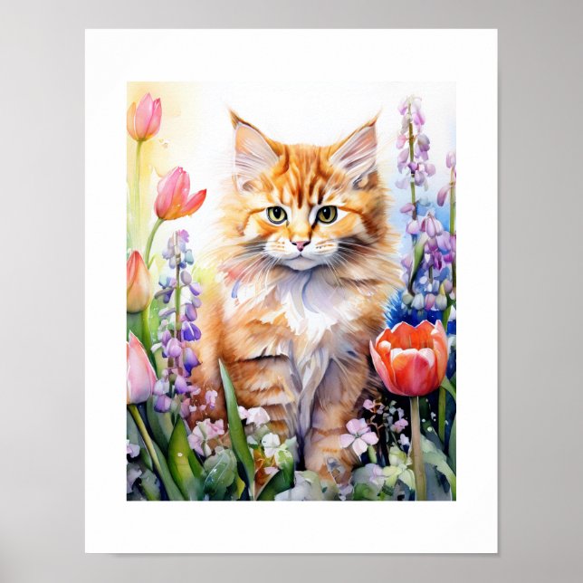 Vattenfärgad Orange Tabby Kattunge i Blomsterträdg Poster (Framsidan)
