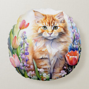 Vattenfärgad Orange Tabby Kattunge i Blomsterträdg Rund Kudde