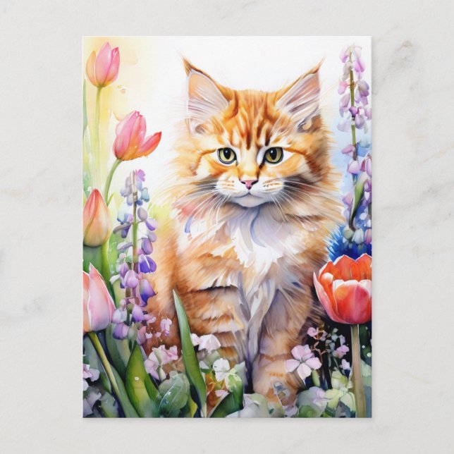 Vattenfärgad Orange Tabby Kattunge i Blomsterträdg Vykort (Framsida)
