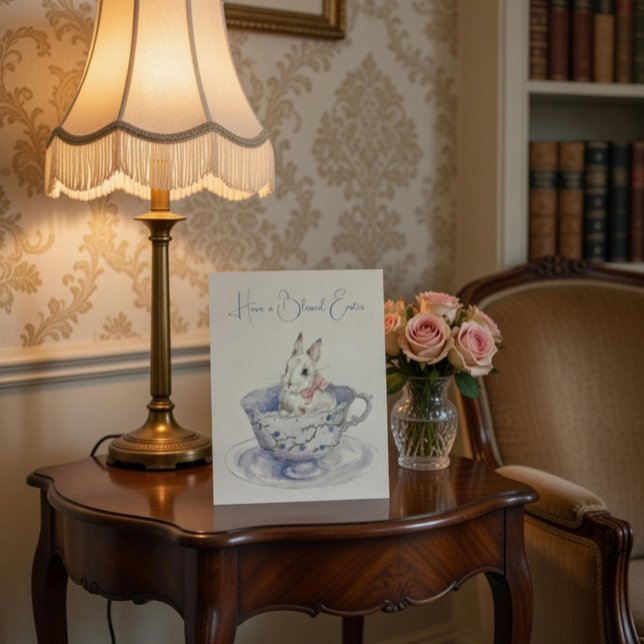 Vattenfärgad Påskhare i Tekopp Vykort (Skapare uppladdad)