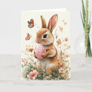 Vattenfärgad Påskhare med färgade ägg och blommor Helgkort