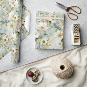 Vattenfärgad pastellgrönt och vit vild blommor presentpapper