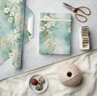 Vattenfärgad pastellgrönt och vit vild blommor presentpapper