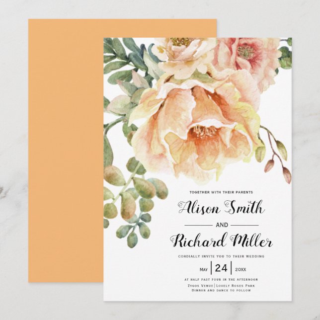 Vattenfärgad persikorallblommor typografi bröllop inbjudningar (Fram/baksida)