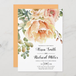 Vattenfärgad persikorallblommor typografi bröllop inbjudningar