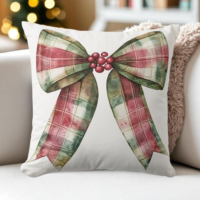 Vattenfärgad Play-jul Bow Red Grönt Rustic Kudde (Watercolor Plaid Christmas Bow Red Green Rustic Throw Pillow)