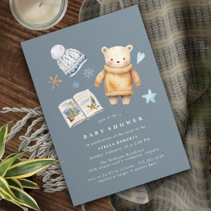 Vattenfärgad Polar Bear Cute Blue Winter Baby Show Inbjudningar