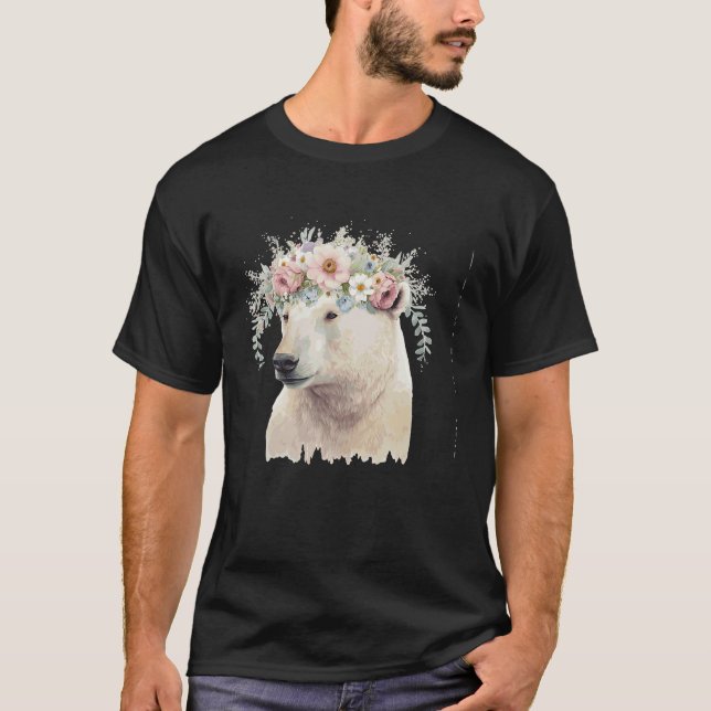 Vattenfärgad Polar Bear Flower Krona Boho Aestheti T Shirt (Framsida)