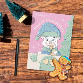 Vattenfärgad Polar Bear Unge med julkaka Kort