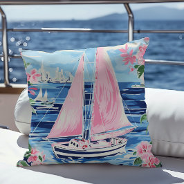 Vattenfärgad Preppy Rosa Sailboat-kustblått Kudde