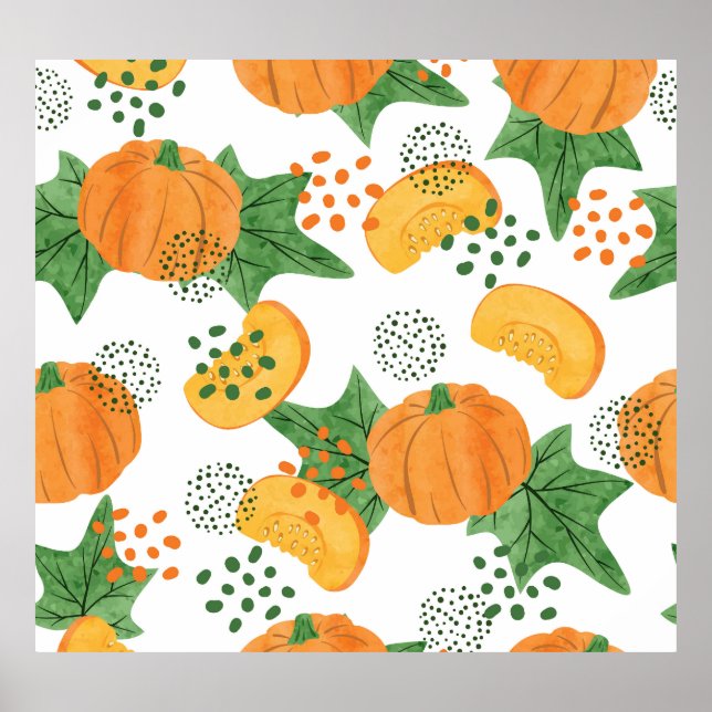 Vattenfärgad Pumpkin Vegetable: Orange Sömlös Poster (Framsidan)