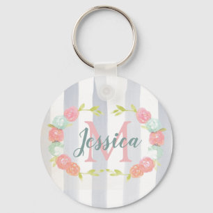 Vattenfärgad Rand och Blommigt Monogram Nyckelring