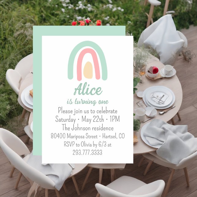 Vattenfärgad regnbåge grönt gult 1:a födelsedag inbjudningar (Skapare uppladdad)