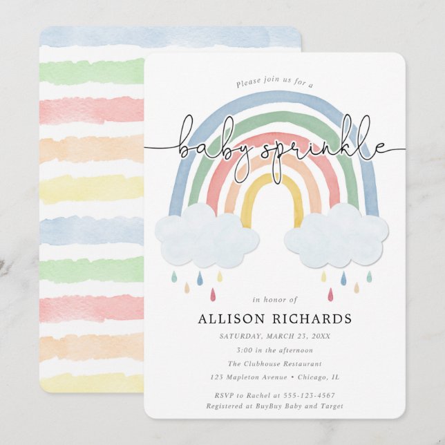 Vattenfärgad regnbåge pastel baby sprinkle inbjudningar (Fram/baksida)