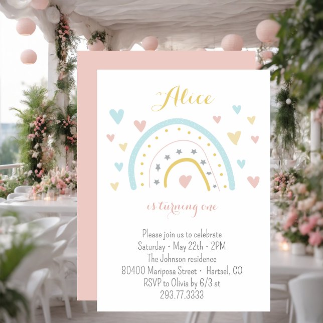 Vattenfärgad regnbåge, rosa blått 1:a födelsedag inbjudningar (Skapare uppladdad)