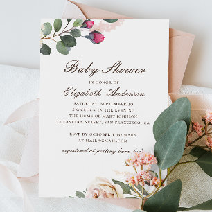 Vattenfärgad ro. Elegant blommigt babydusch Inbjudningar
