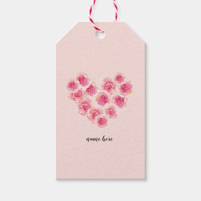 Vattenfärgad ro i hjärtformens rosa persika blommi presentetikett (Framsidan)