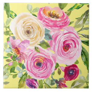 Vattenfärgad Ro i Rosa och Röd på Gult Kakelplatta