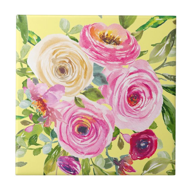 Vattenfärgad Ro i Rosa och Röd på Gult Kakelplatta (Framsidan)