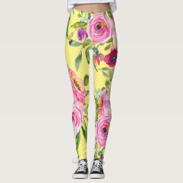 Vattenfärgad Ro i Rosa och Röd på Gult Leggings
