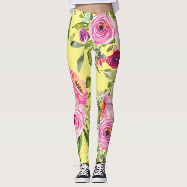 Vattenfärgad Ro i Rosa och Röd på Gult Leggings (Framsida)