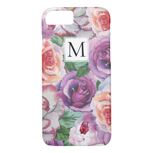 Vattenfärgad ro och monogram blommigt Case-Mate iPhone skal (Baksida)